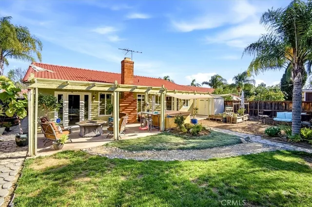 a view of a house with sitting area and garden