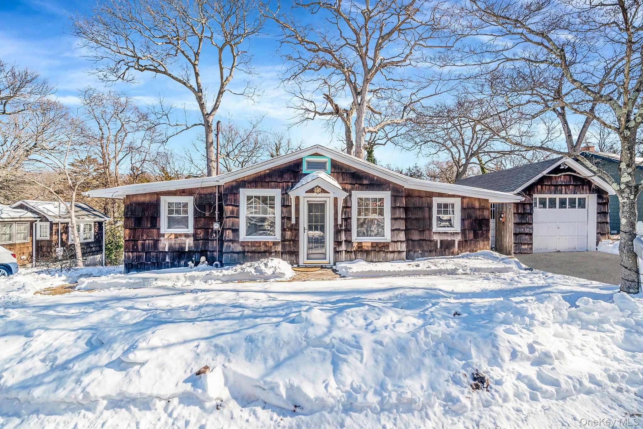 a front view of a house with a yard covered with trees