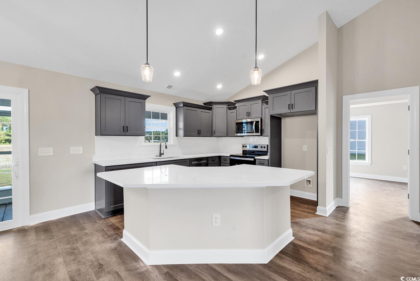 3261 Red Bluff Road Loris, SC 29569 - Photo 13 of 39 Kitchen with a kitchen island, appliances with stainless steel finishes, dark wood-type flooring, pendant lighting, and high vaulted ceiling