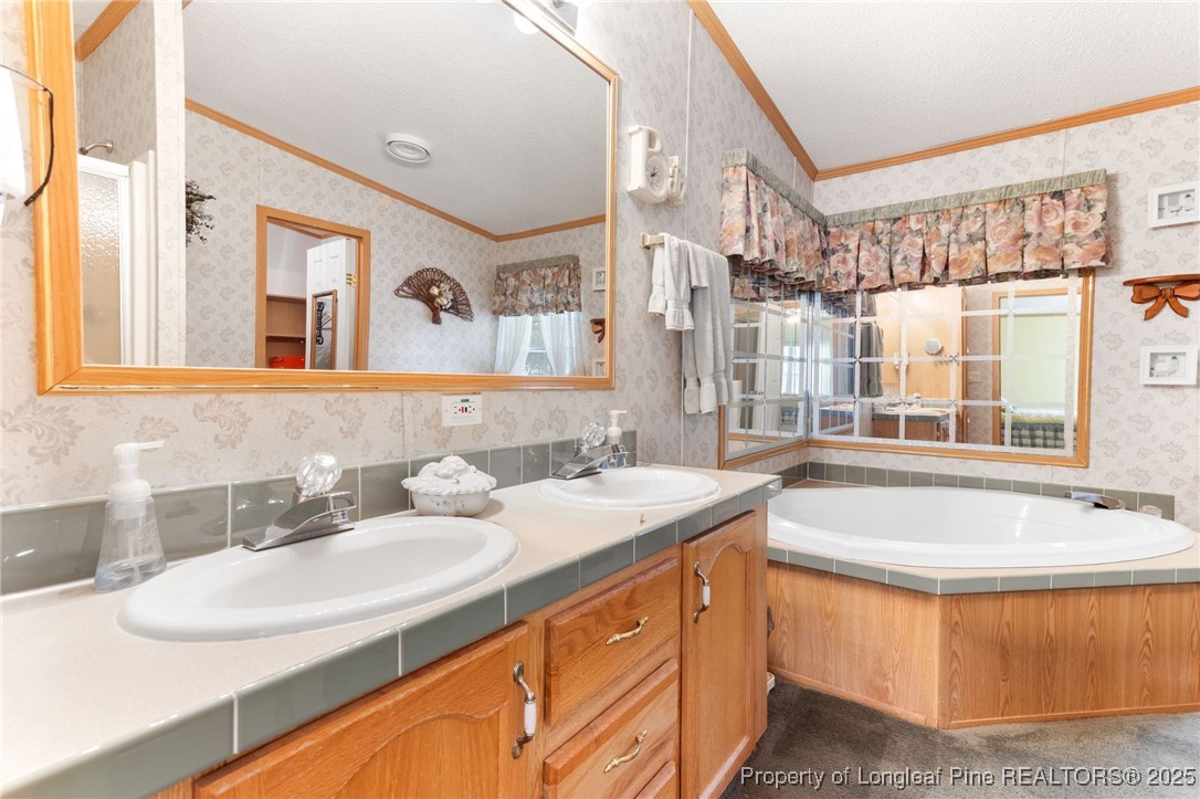 520 Inverary Drive Raeford, NC 28376 - Photo 20 of 43 a bathroom with a double vanity sink a mirror and a bathtub