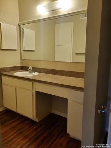 a bathroom with a sink and a mirror