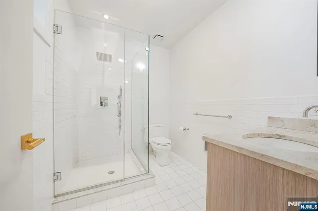a bathroom with a granite countertop sink a toilet and shower