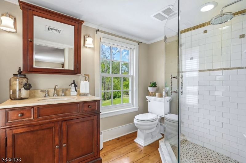 70 Pleasant Run Road Flemington, NJ 08822 - Photo 20 of 50 a bathroom with a granite countertop sink a toilet a mirror and shower