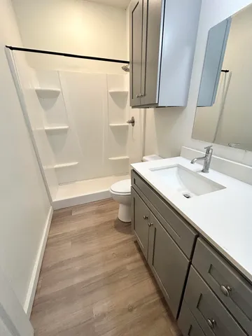 a bathroom with a sink a toilet and shower