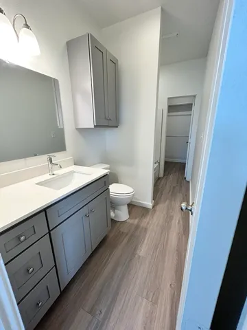 a bathroom with a double vanity sink toilet and mirror