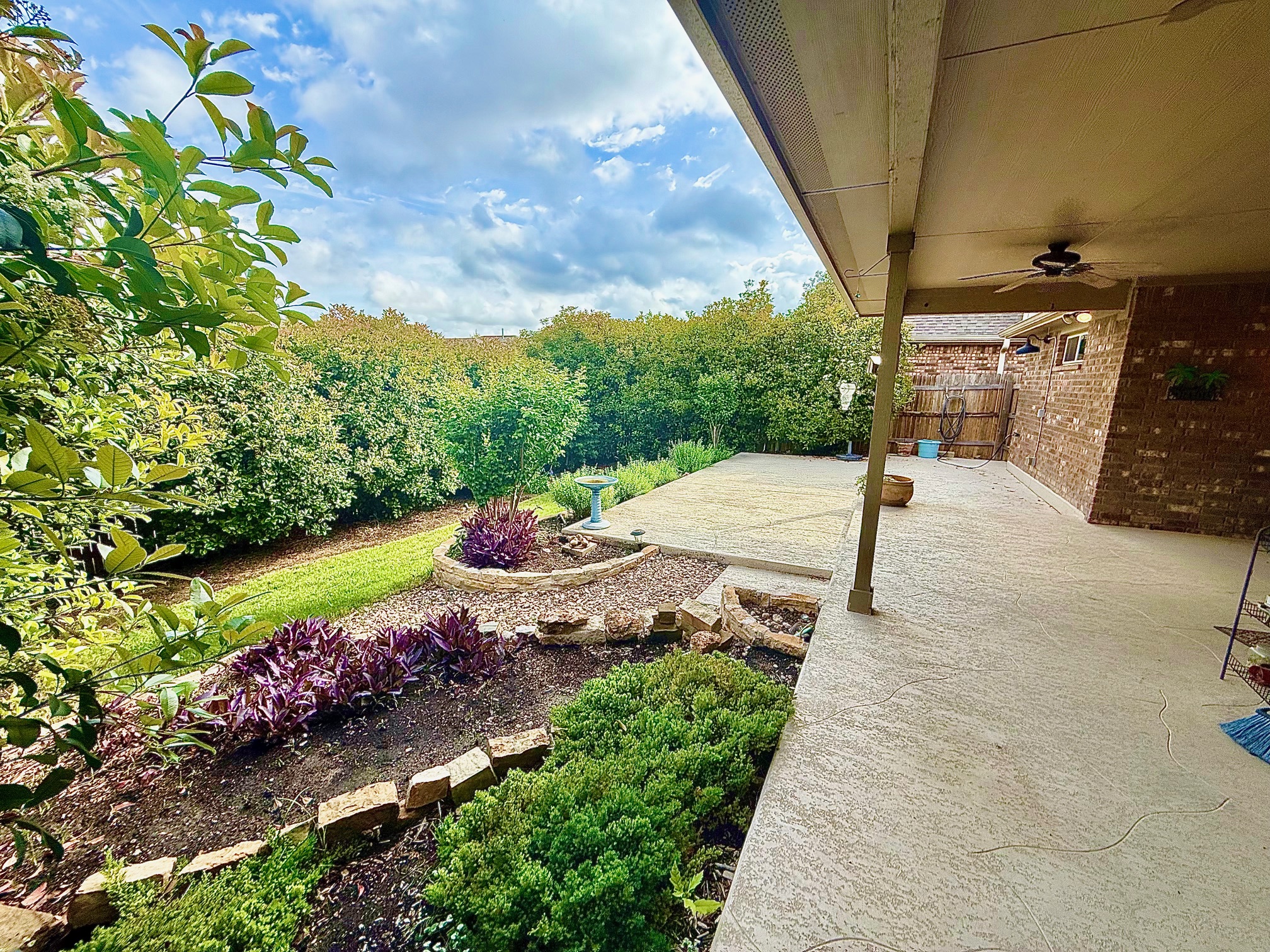 513 Longhorn Cavern Road Leander, TX 78641 - Photo 19 of 24 Fenced backyard with privacy trees, manicured landscaping, natural plants, and an extended patio