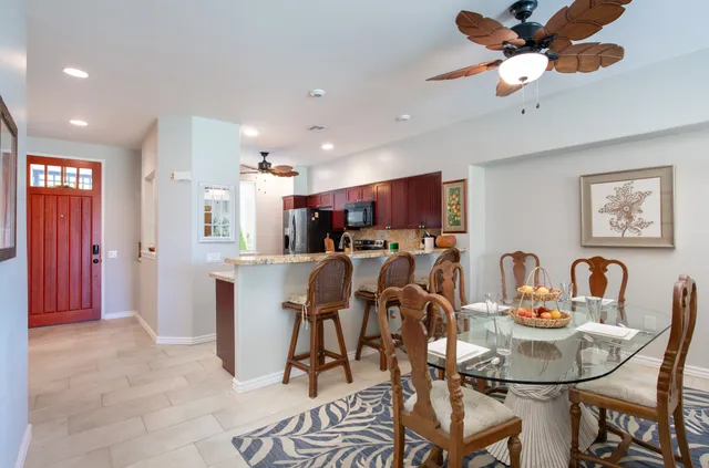 a view of a dining room with furniture