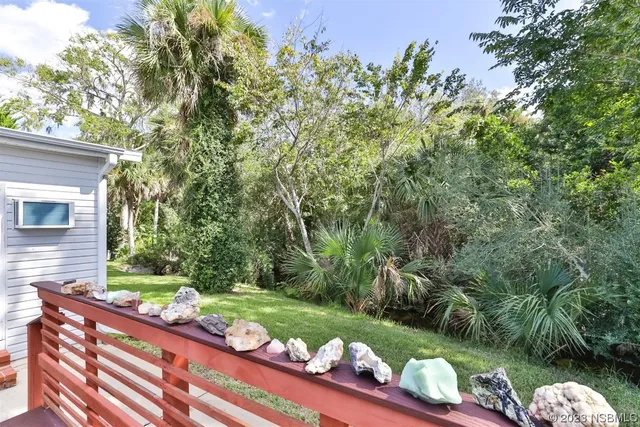 a view of a backyard with plants and a patio