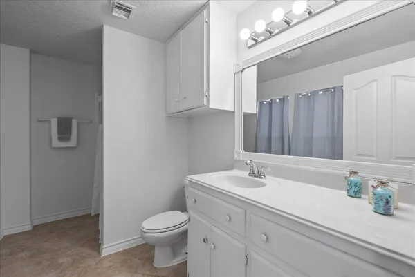 a bathroom with a sink a toilet and a mirror
