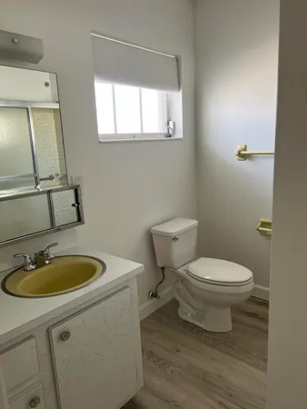 a bathroom with a toilet a sink and mirror