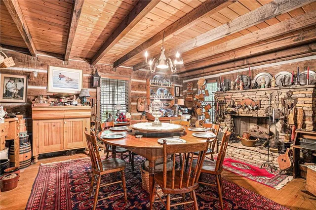 a view of a dining room with furniture
