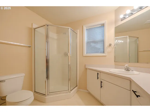 a bathroom with a shower a sink a toilet and mirror