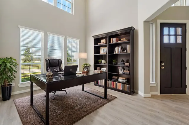 a view of a workspace with furniture and a potted plant