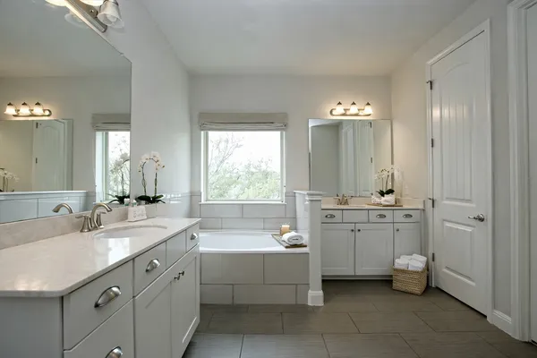 a large bathroom with a double vanity sink a large mirror and a bathtub