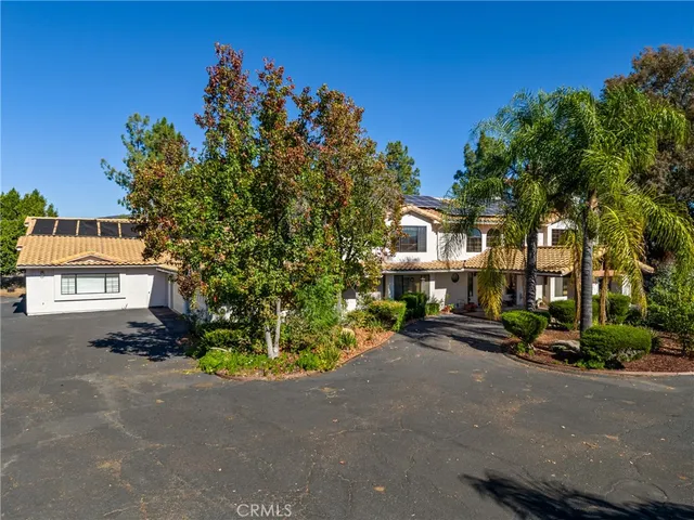 a row of palm trees in front of a house