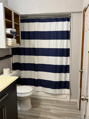 a bathroom with a sink a toilet a mirror and shower curtain