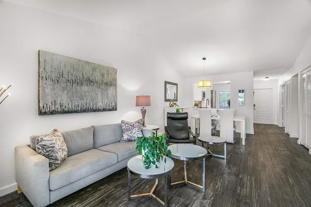 a living room with furniture kitchen view and a potted plant