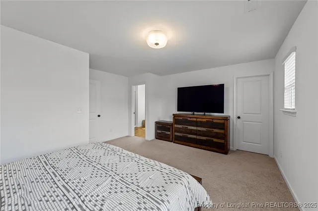 a bedroom with a bed and a flat screen tv