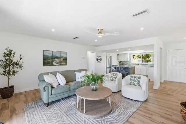 a living room with furniture and a potted plant