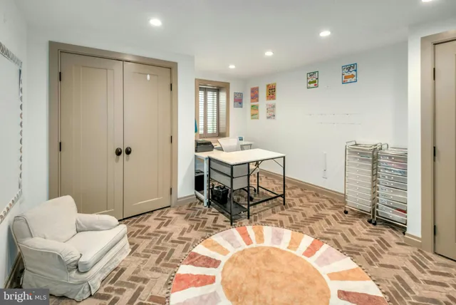 a view of a park with large trees