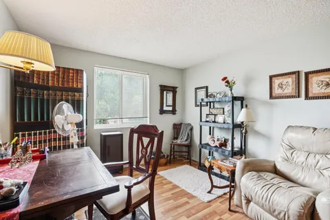a living room with furniture a rug and a large window