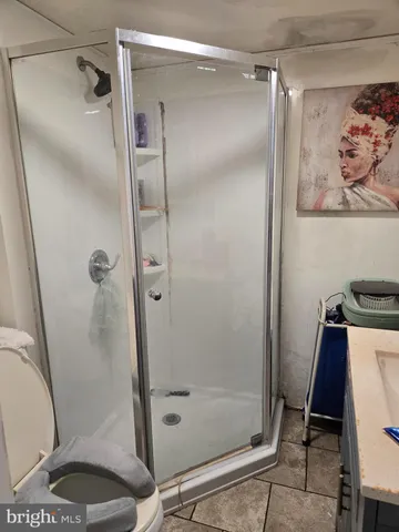 a bathroom with a shower and a toilet