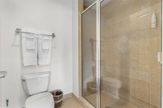 a bathroom with a shower and a toilet