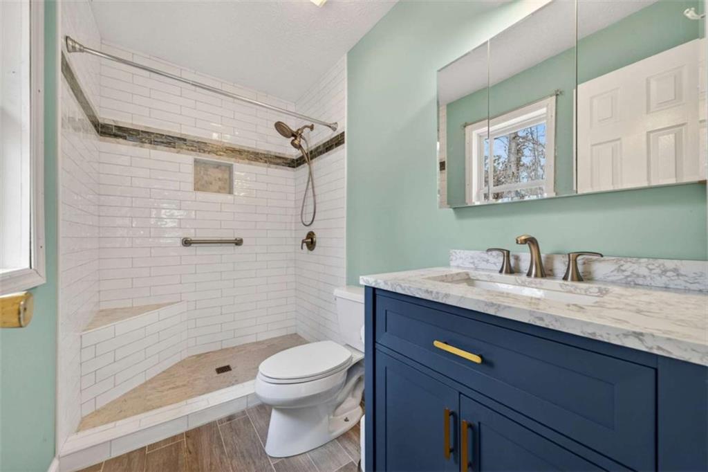 1951 Swords Trail Buckhead, GA 30625 - Photo 32 of 102 a bathroom with a granite countertop sink a toilet and shower