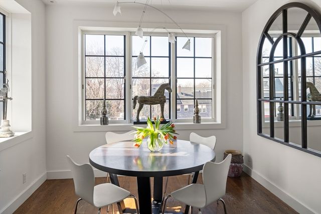 a view of a dining room with furniture window and outside view