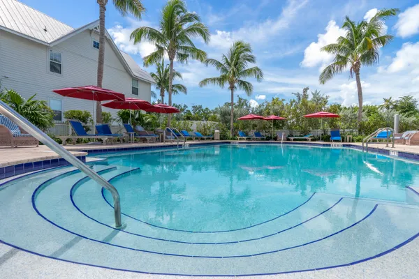 a view of a swimming pool with a yard and plants