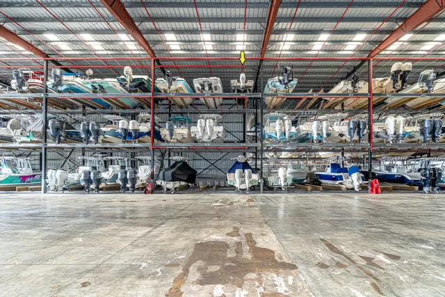 a view of a garage with storage