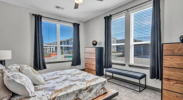 a bedroom with a bed and a window