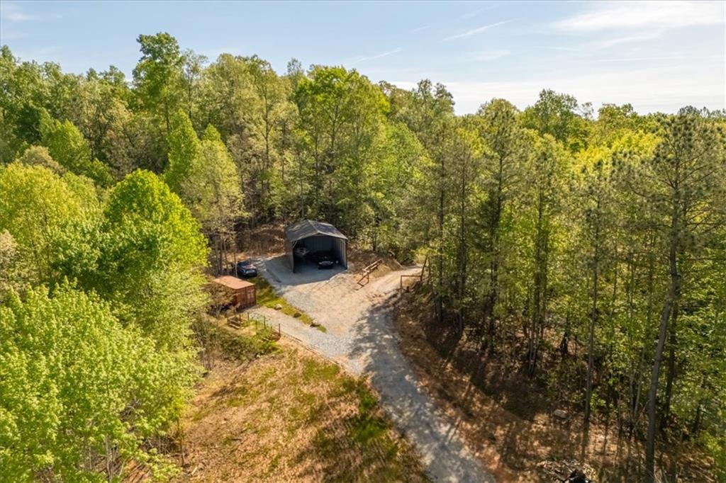 A private gravel driveway leads through a verdant landscape to a practical covered parking structure.