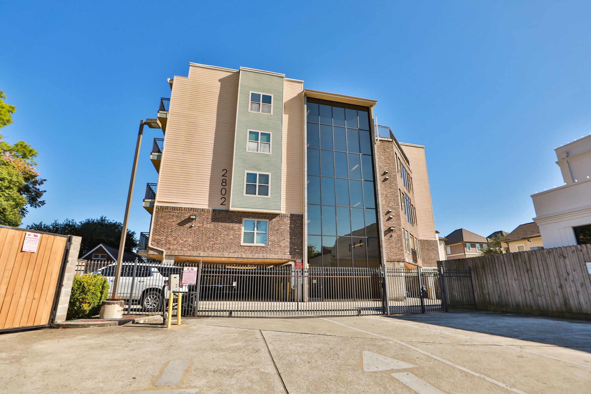a view of a street with sitting area