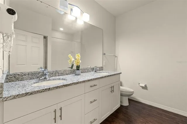 a bathroom with a granite countertop sink a toilet and a mirror