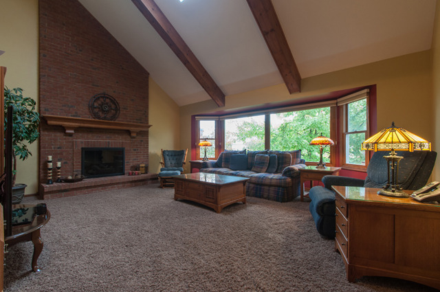 3087 Wagner Road Aurora, IL 60502 - Photo 11 of 20 a living room with furniture a fireplace and a floor to ceiling window