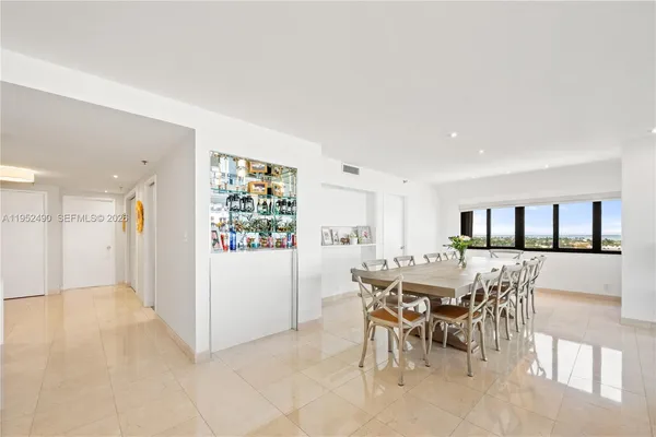 a view of a dining room with furniture