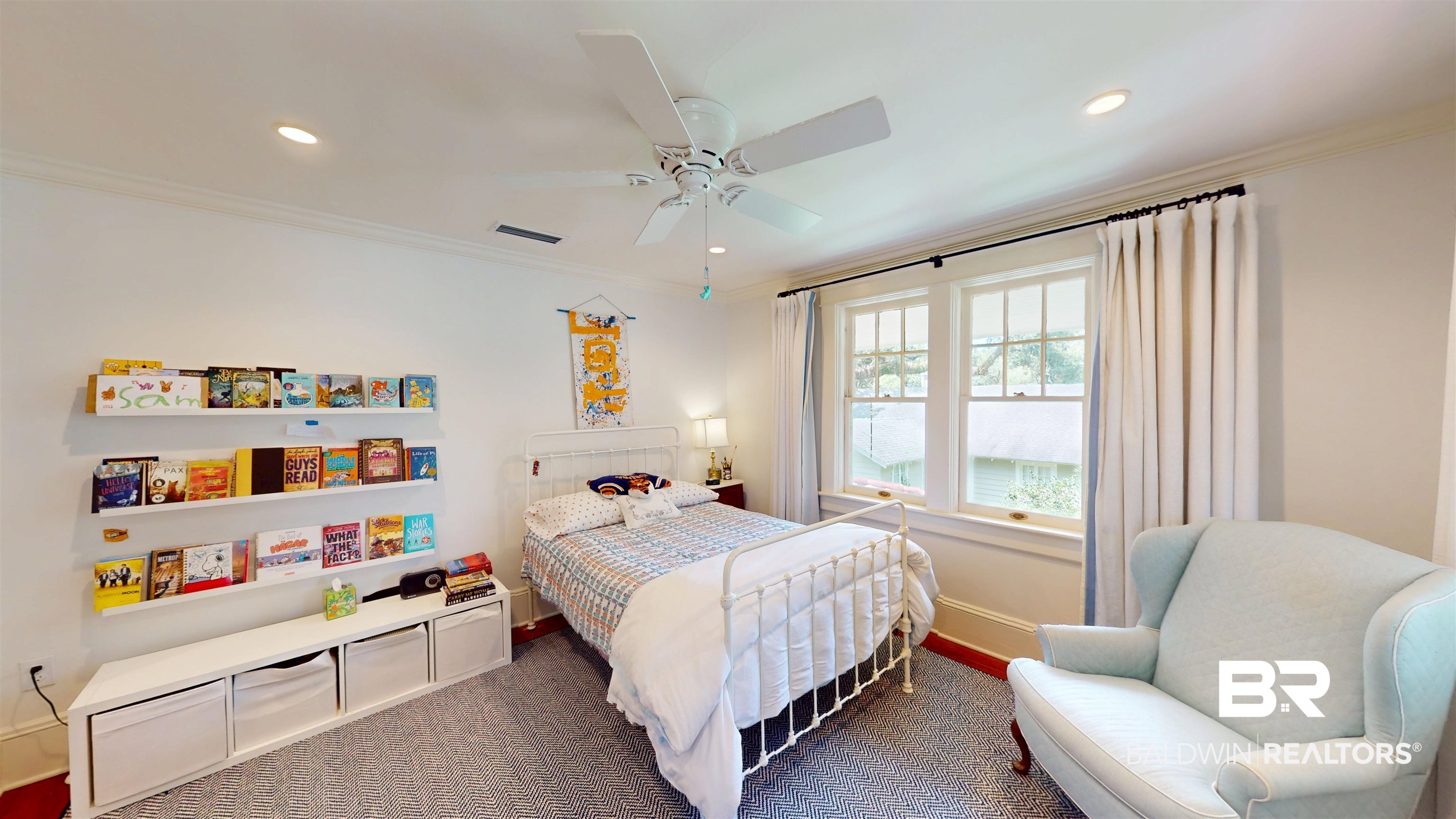 211 Lanier Avenue Mobile, AL 36607 - Photo 42 of 73 Bedroom featuring crown molding, recessed lighting, a ceiling fan, and dark colored carpet