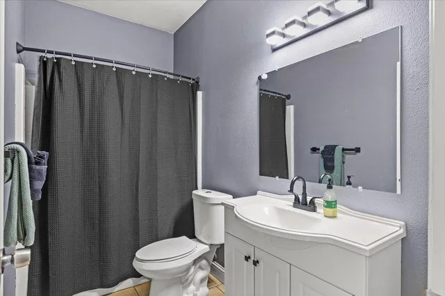 a bathroom with a sink a toilet a mirror and shower curtain