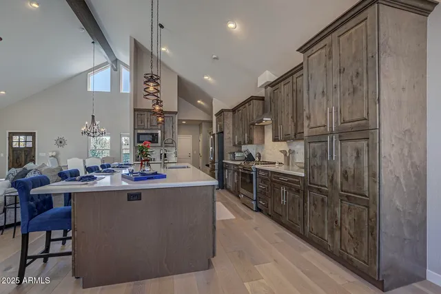 a view of a kitchen and living room