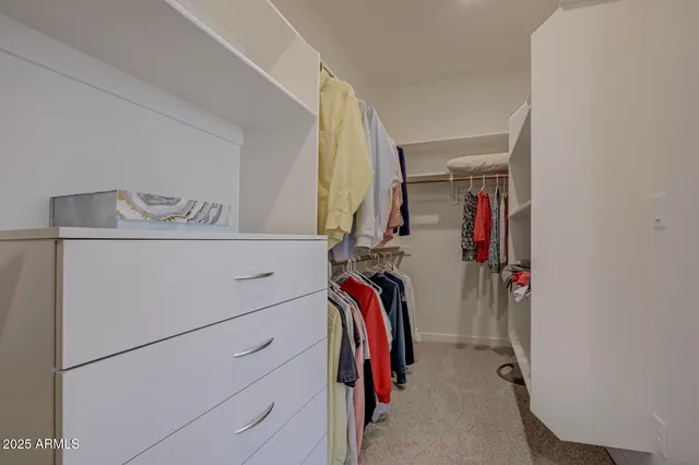 a view of walk in closet with clothes and shoes