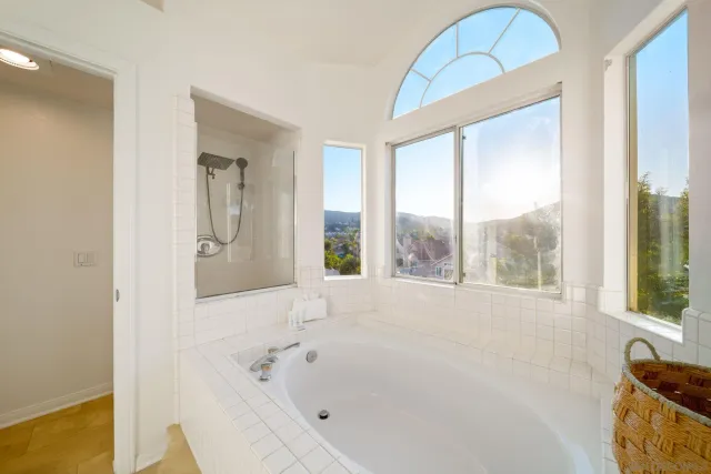 a bathroom with a tub sink a mirror and shower
