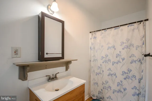 a bathroom with a sink a mirror and shower curtain