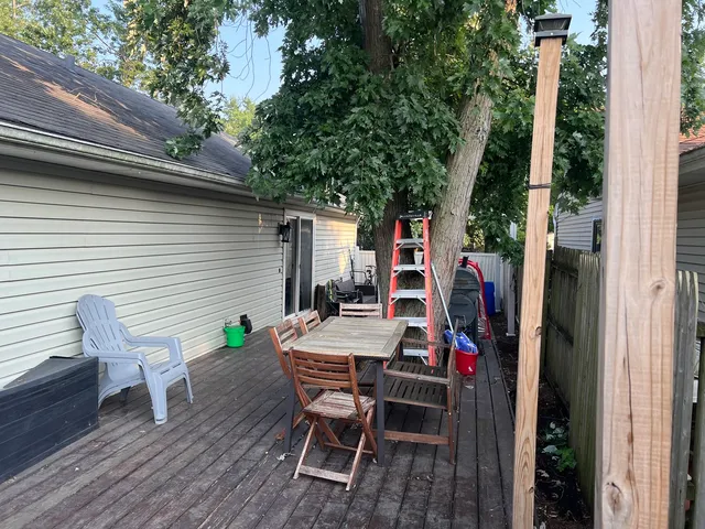 an outdoor space with furniture