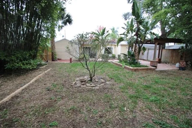 a backyard of a house with plants and large tree