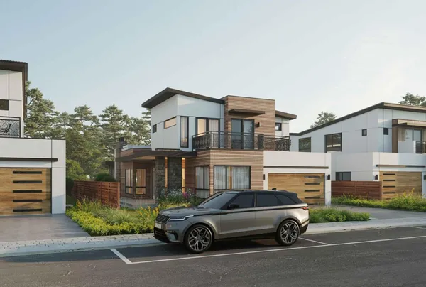 a car parked in front of a house