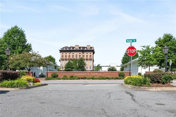 a front view of a building and a street