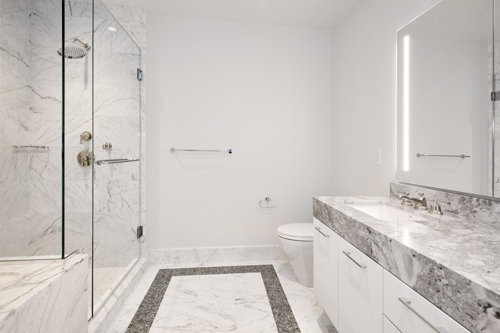 240 Devonshire Street, Unit 4210 Boston, MA 02110 - Photo 6 of 39 a bathroom with a granite countertop sink a toilet and shower