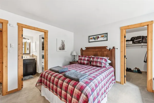 a bedroom with a bed and walk in closet