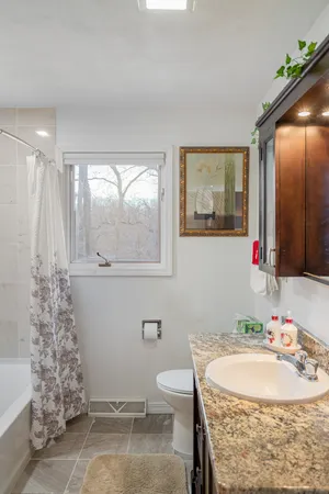 a bathroom with a sink toilet and mirror